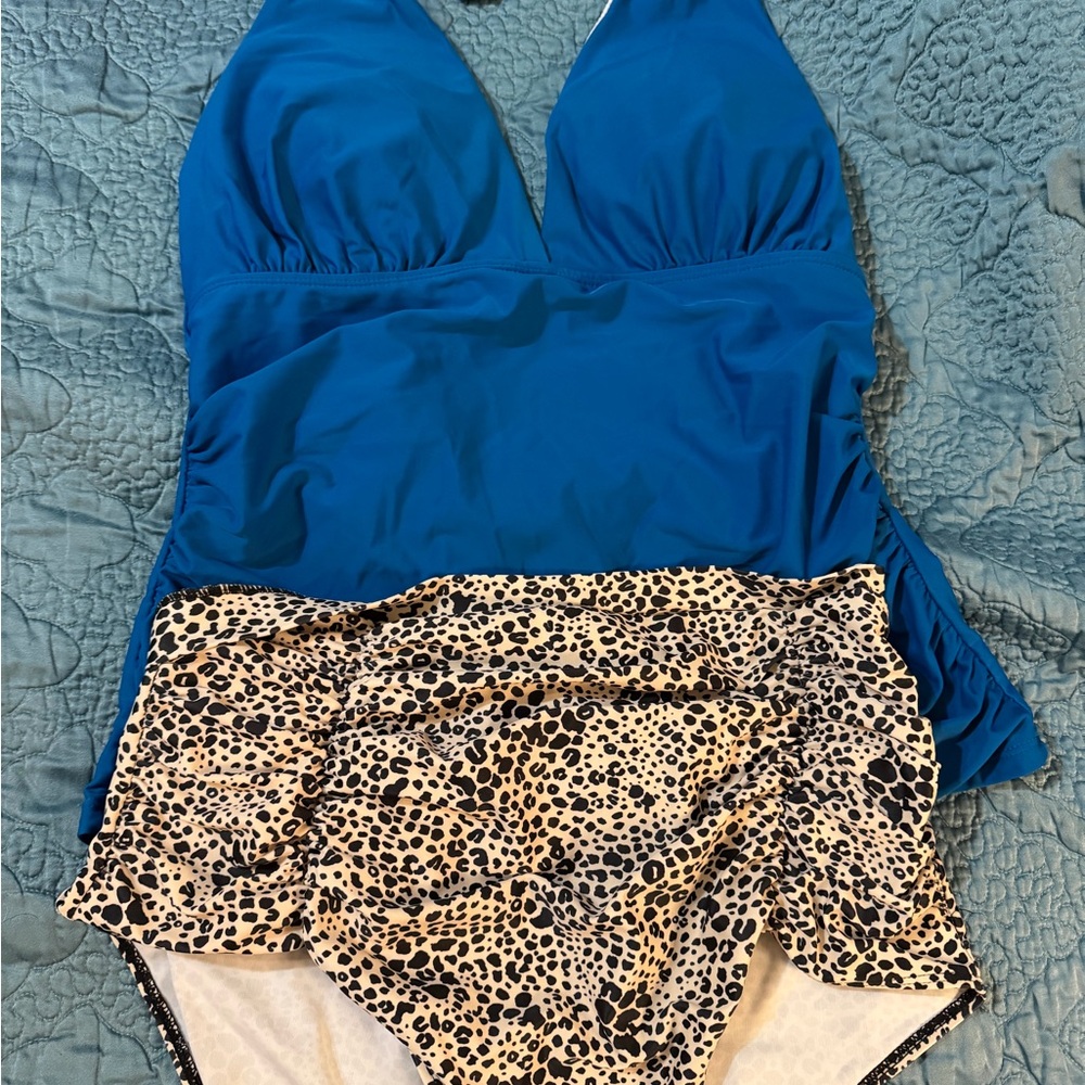 Blue and Leopard Print women’s tankini
